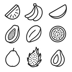Outline Tropical Fruit Icons. Outline style icons of Organic Tropical Fruits: pineapple wedge silhouette, banana bunch silhouette,
