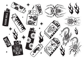 Old School Tattoo designs and Rock style font. Retro tattoo designs set of swallow, anchor, heart, love, rose, flower isolated on white backround.