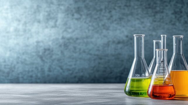 Colorful liquids in flasks create vibrant scene in laboratory setting