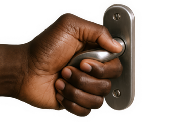 A close-up of a dark-skinned hand gripping a sleek silver door handle, symbolizing opportunity and transition.