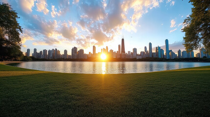 Obraz premium Vibrant city skyline reflecting on calm water during sunset, showcasing nature beauty