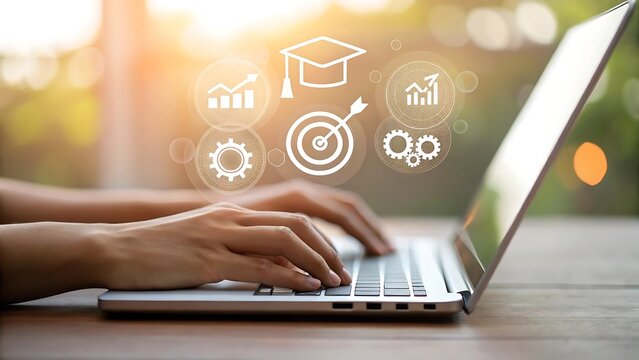 Hands typing on a laptop with educational and business icons floating above representing online learning and digital growth