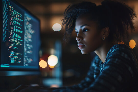 Female tech worker during night hours 