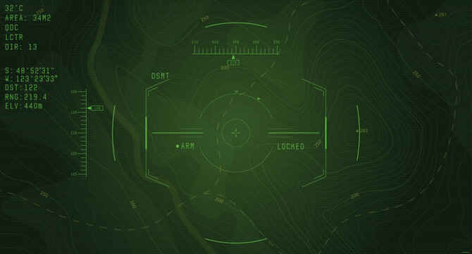 Military topographic map with drone HUD overlay. Features terrain contours, targets, coordinates, and tactical interface for surveillance, mission planning, or combat visualization.