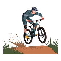 Fototapeta premium Dynamic vector illustration of a mountain biker jumping on a dirt trail. Extreme sports and outdoor activity concept.