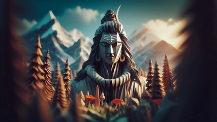 Stylized Lord Shiva in Himalayan Forest – 3D Render Spiritual Artwork with Sunrise Backdrop