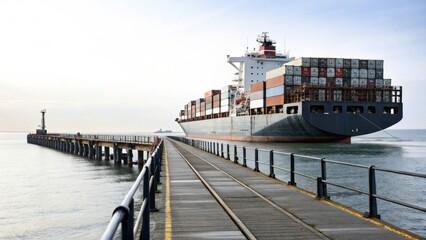 A container ship docked at a pier with a lighthouse in the distance on a cloudy day at the sea
