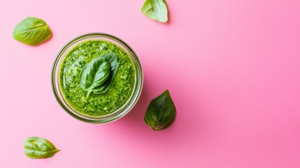 Obraz premium Green smoothie bowl with basil on pink background healthy vegan food vibrant fresh minimal nutrition concept