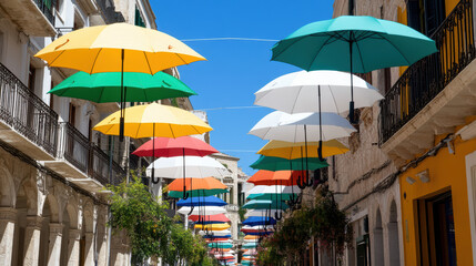 Colorful umbrellas suspended above vibrant pedestrian street create cheerful atmosphere