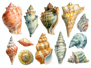 Obraz premium A charming collection of watercolor sea shells, showcasing delicate hues and intricate details, each piece a unique treasure from the ocean.