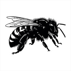 Detailed silhouette of a bee in flight isolated on white background