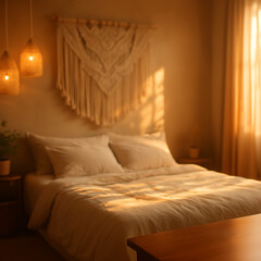 Serene bedroom bathed in warm golden hour light, creating a cozy and inviting atmosphere for relaxation and peace.