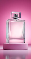 Clear glass perfume bottle with a silver sprayer on a round pink platform against a vibrant pink backdrop, creating a simple, elegant, and polished presentation