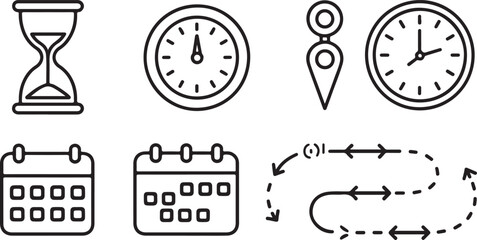 Fototapeta premium Hand-Drawn Time & Location Essentials Icon Pack Hourglass, World Clock, Location Compass, Date Range Sheet, and Timeline Path