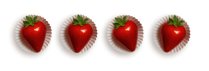 Morango do Amor - Strawberry of Love - Glossy Candied Strawberries in Paper Cups

Morangos do Amor Lined Up on White Background

Heart-Shaped Strawberries with Candy Coating