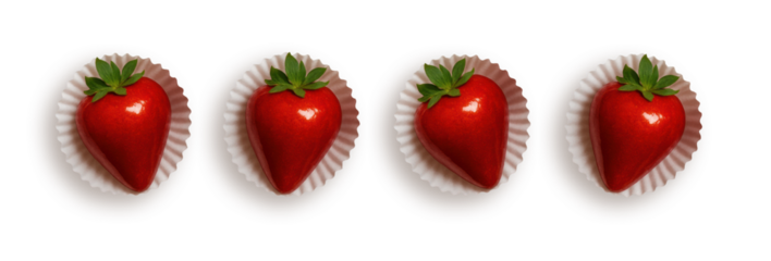 Morango do Amor - Strawberry of Love - Glossy Candied Strawberries in Paper Cups

Morangos do Amor Lined Up on White Background

Heart-Shaped Strawberries with Candy Coating