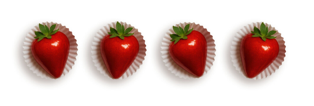 Morango do Amor - Strawberry of Love - Glossy Candied Strawberries in Paper Cups

Morangos do Amor Lined Up on White Background

Heart-Shaped Strawberries with Candy Coating