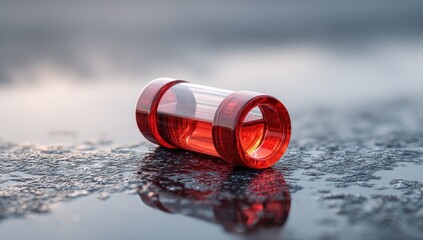Red cylindrical object filled with liquid on a textured, reflective surface, possibly ice or wet stone. Soft, diffused lighting and shallow depth of field
