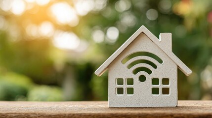 Miniature house with wifi symbol on a wooden surface.
