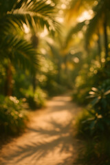 Golden hour tropical path bathed in sunlight with lush palm leaves creating dappled shadows
