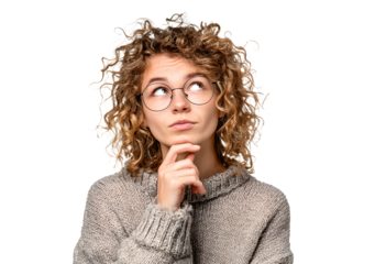 A young woman with curly hair and glasses ponders with her hand on her chin, isolated on a transparent background
