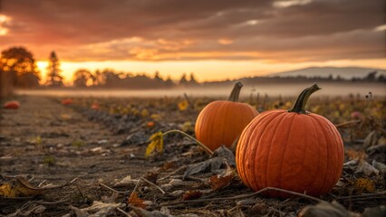 Two pumpkins in a field at sunrise with a misty background
