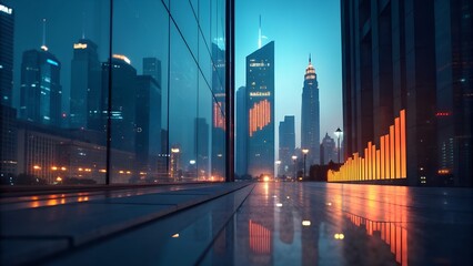 Modern cityscape at dusk with reflective wet street and glowing buildings