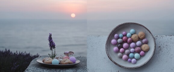 Pastel-colored sweets by the sea