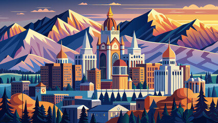 Salt Lake City, Utah, rests at the base of snowy mountains. Semi-realistic vector style brings clarity to spires, city lights, and nature’s silent grandeur.