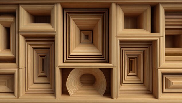 Woodwork nested geometric forms. Squares, rectangles, & circles are repeated, receding into tunnels of light & shadow, creating an intricate, textured, and dimensional pattern