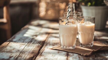Two glasses of fresh milk on rustic wooden table breakfast dairy concept traditional natural lifestyle food
