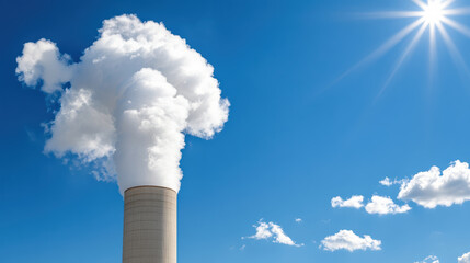 Cooling tower emits steam against clear blue sky, showcasing industrial energy production