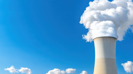 Cooling tower emits steam against clear blue sky, showcasing industrial energy production