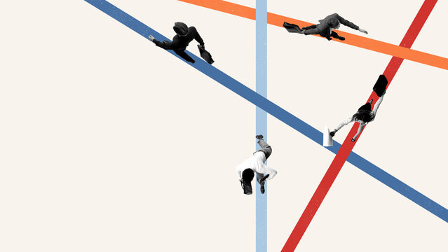 Surreal artwork of businesspeople walking on colorful intersecting lines. Concept of project coordination, agile management, team workflow, SaaS platforms, and startup innovation.