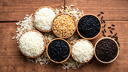 A top-down slightly angled shot showcasing different types of uncooked rice grains