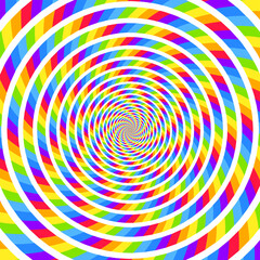 Spiral rainbow hypnotic swirl background, optical illusion of movement, vector illustration opt art style, colorful abstract geometric, multicolored psychedelic background
