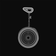 A black and white wireframe drawing of a unicycle with a thin metal frame, curved handlebar, and central wheel on a dark background. The minimalist design resembles a Segway in structure.