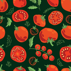 Seamless pattern of ripe tomatoes. Vegetables. Red tomatoes. Juicy Harvest. Healthy food. Vector illustration.