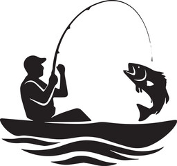 Fisherman in kayak catches jumping fish isolated on white background