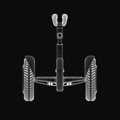 A sleek black and white hoverboard drawing features an aerodynamic design with two wheels and a top handlebar. The wireframe style highlights intricate lines and curves against a dark background.