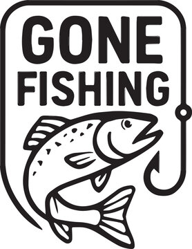 Gone fishing emblem with trout and fishing hook isolated on white background