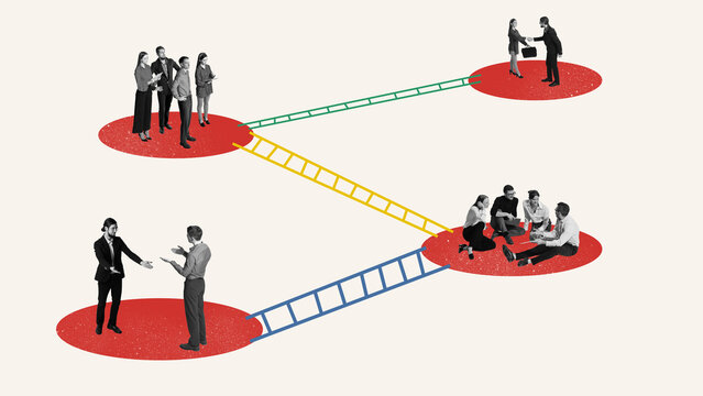 Digital collage of business teams on red platforms connected by ladders. Concept of hybrid work structure, onboarding, B2B SaaS, CRM collaboration, and internal communication.