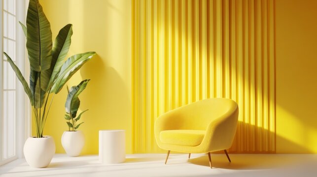 Modern yellow interior with chair plants and sunlight minimalistic decor stylish bright monochrome design space