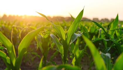 Obraz premium Lush young corn plants at golden sunset