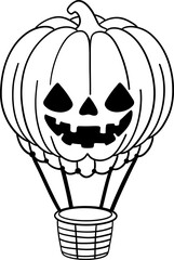 halloween cartoon hot air balloon with jack o lantern face in black and white line art