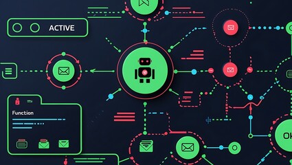 Futuristic digital network diagram with active connections and data flow