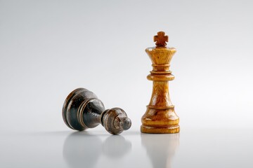 Chess king standing beside fallen piece on white background symbolizing win
