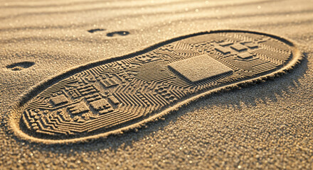 Digital footprint in sand, technology concept, circuit board shoe print, future