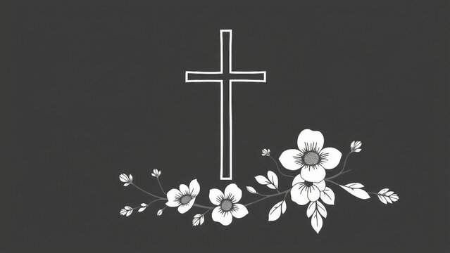 Minimalistische christliche Illustration mit wei&szlig;em Kreuz und floralen Elementen auf dunklem Hintergrund. Symbolisch, modern und spirituell.