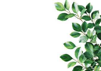 Close-up of vibrant green leaves, slightly variegated, forming a border on a black background